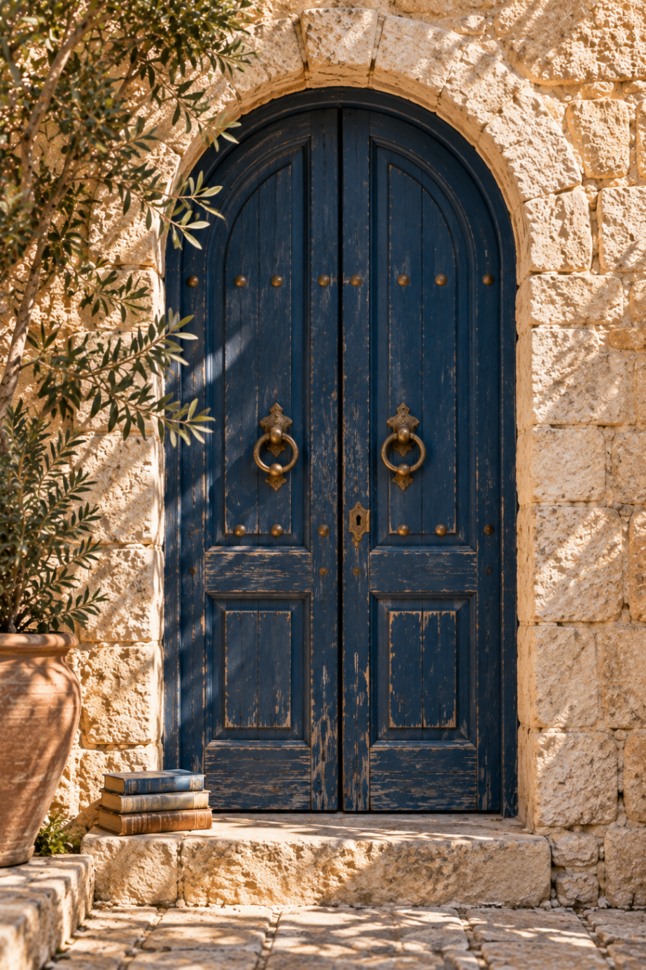 Navy arched door with brass handles and books on the step